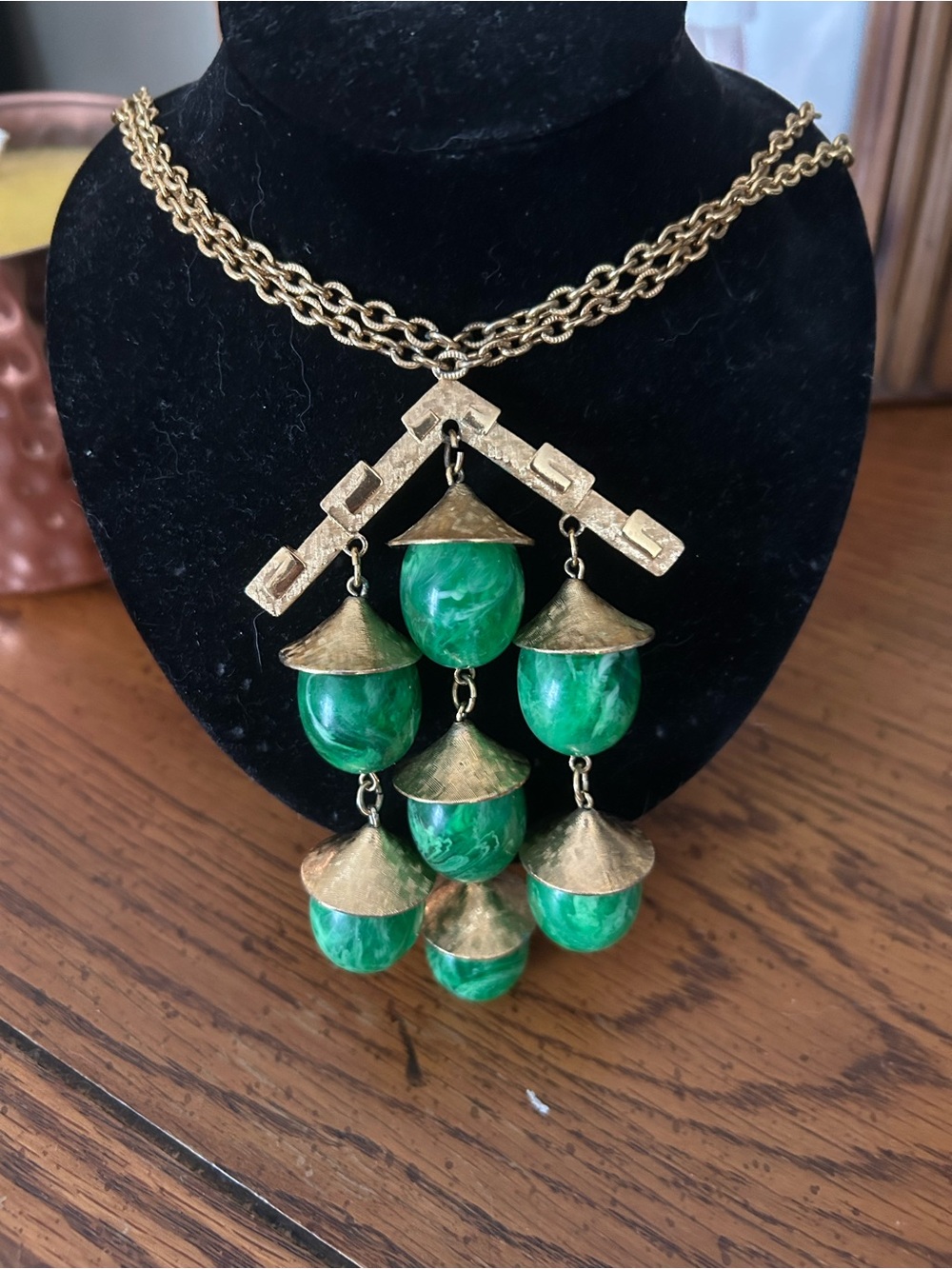 Trifari Green Bead Cascade Necklace with Gold-Tone matching clip on earrings